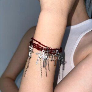 Crucifix Tassel Punk Rock Red Beaded Strings